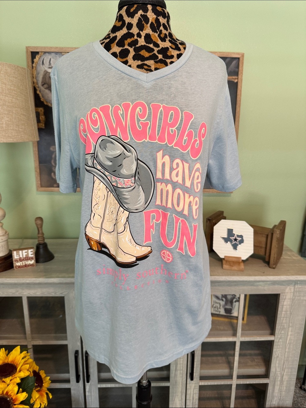 Simply Southern Lt Blue Tee with Pink 'Cowgirls Have More Fun' Graphic NWT Sz L